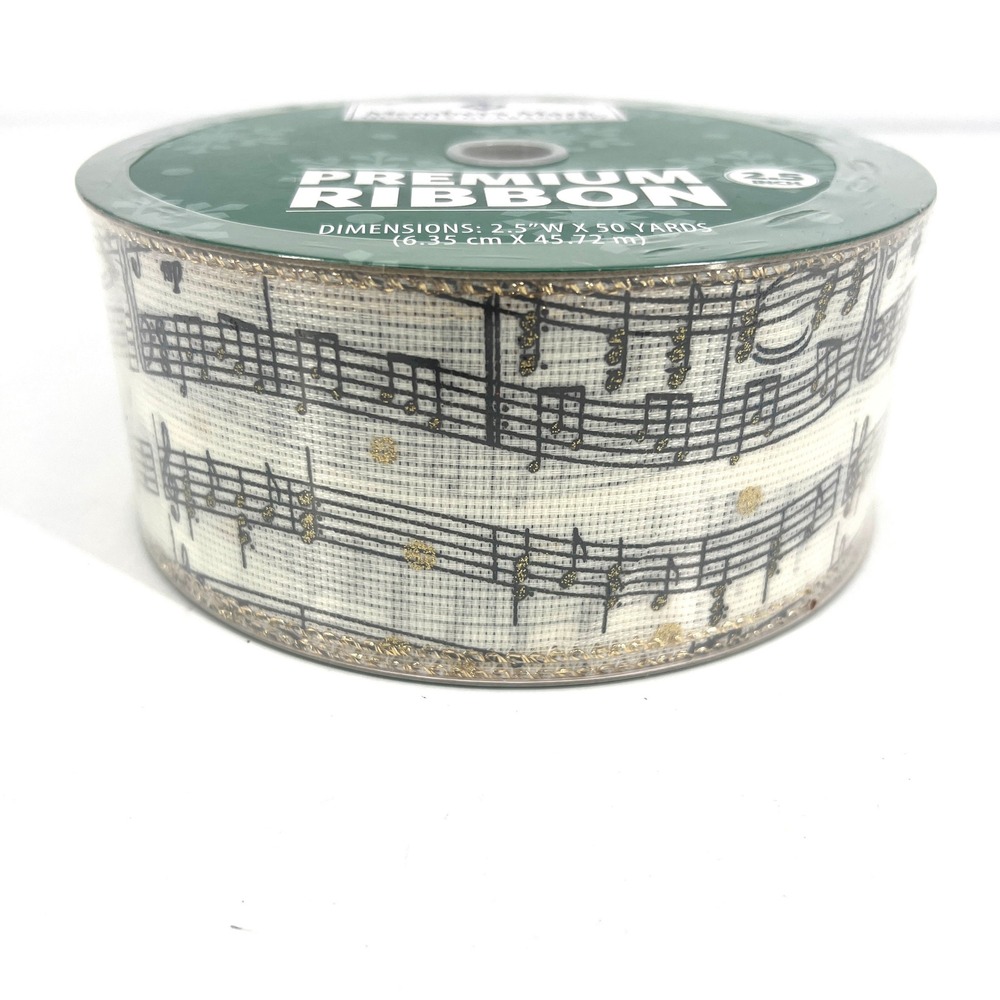Music Note Wired‎ Ribbon 2.5 Inch x 50 Yards Gold Glitter Cream Member's Mark